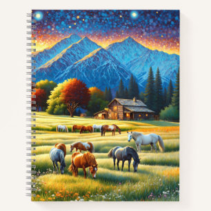 Cuaderno Caballo en pradera de flores silvestres de granja