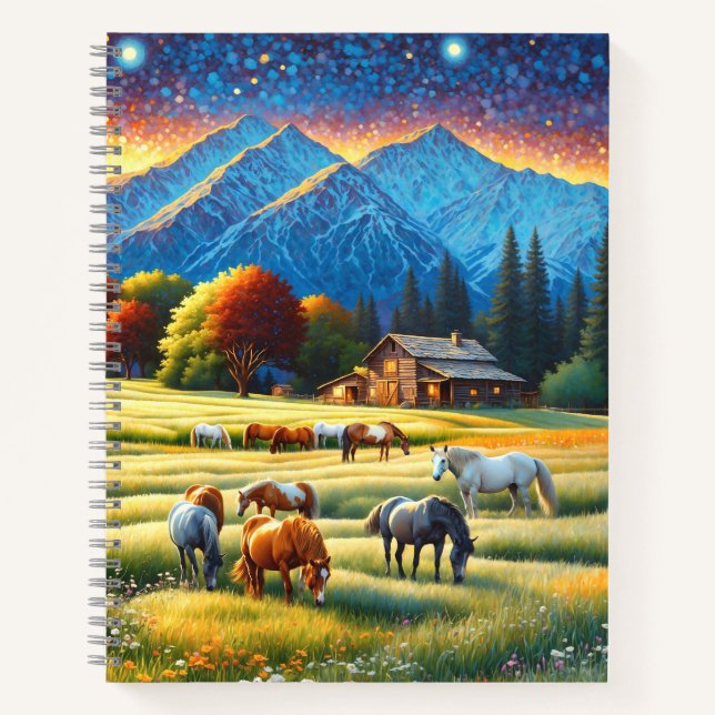 Cuaderno Caballo en pradera de flores silvestres de granja (Anverso)
