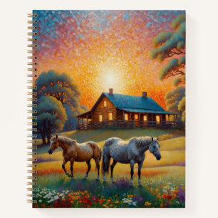 Cuaderno Caballo en pradera de flores silvestres de granja