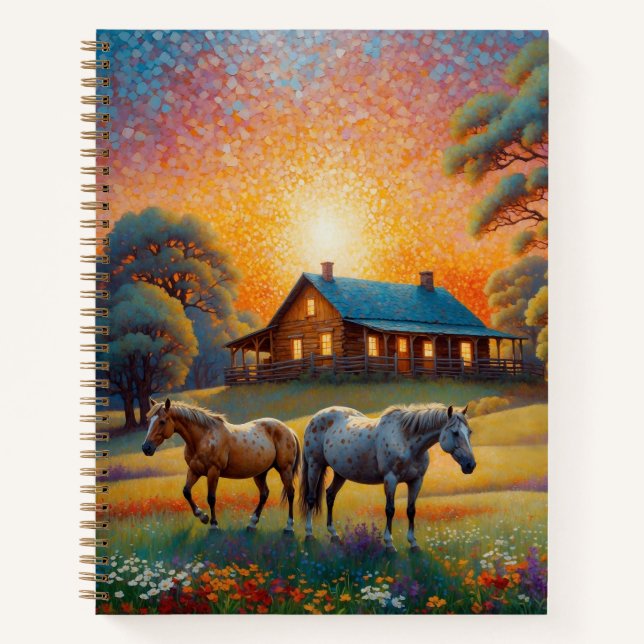 Cuaderno Caballo en pradera de flores silvestres de granja (Anverso)