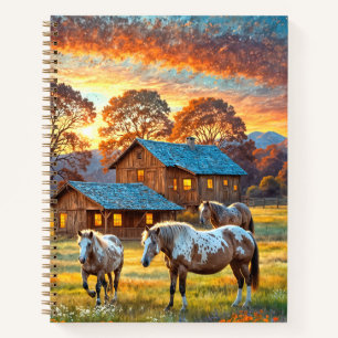 Cuaderno Caballo en pradera de flores silvestres de granja