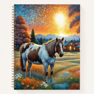 Cuaderno Caballo en pradera de flores silvestres de granja