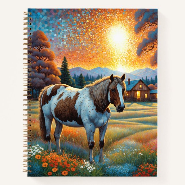 Cuaderno Caballo en pradera de flores silvestres de granja (Anverso)