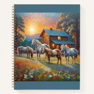 Cuaderno Caballo en prado de flores silvestres de granja