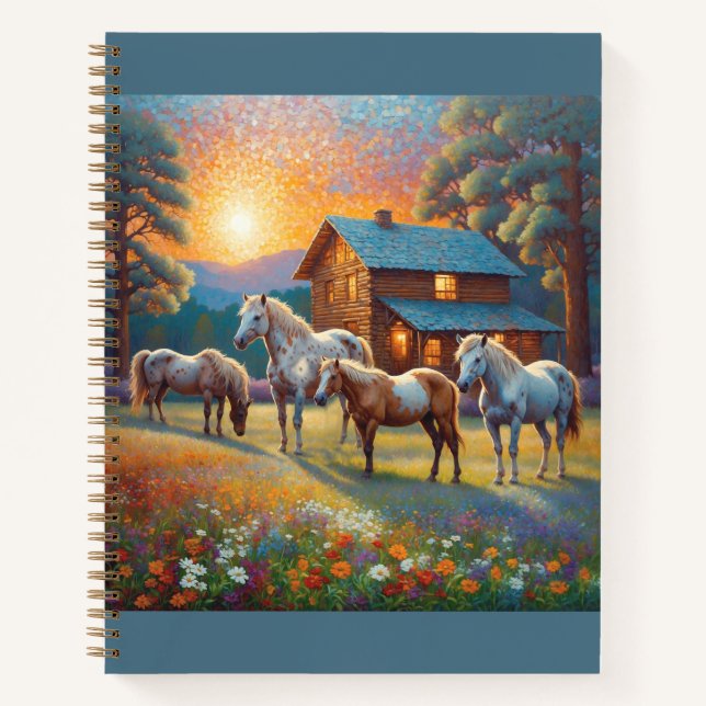 Cuaderno Caballo en prado de flores silvestres de granja (Anverso)