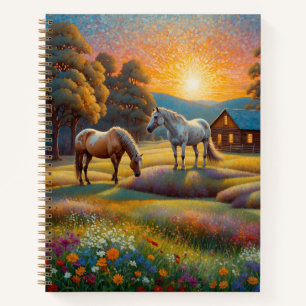 Cuaderno Caballo en prado de flores silvestres de granja