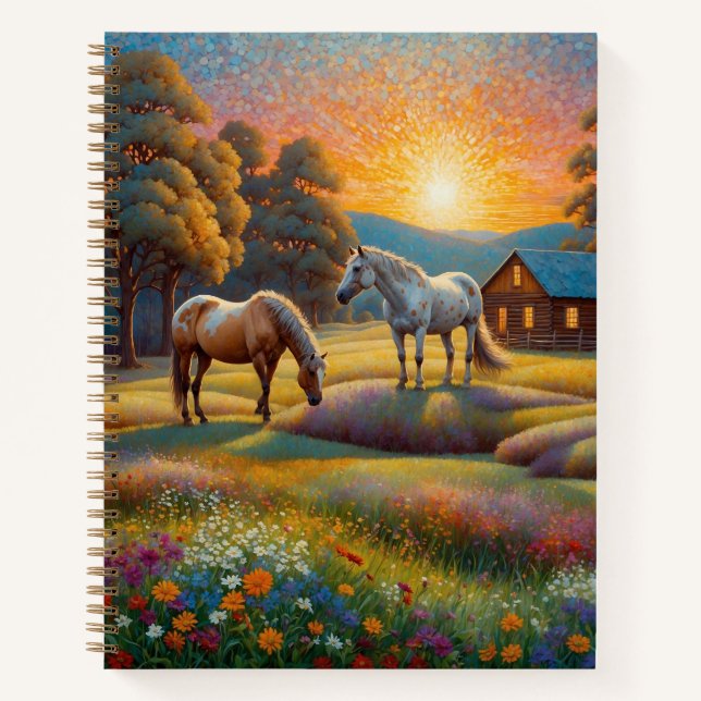 Cuaderno Caballo en prado de flores silvestres de granja (Anverso)