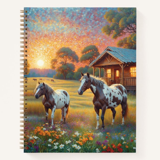 Cuaderno Caballo en prado de flores silvestres de granja (Anverso)
