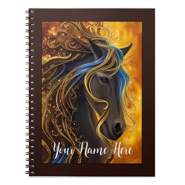 Cuaderno Caballo fantástico en negro y oro, portátil editab (Frente)