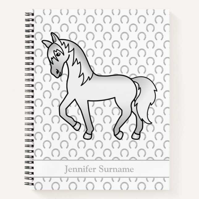 Cuaderno Caballo gris animado trotando & Texto personalizad (Anverso)