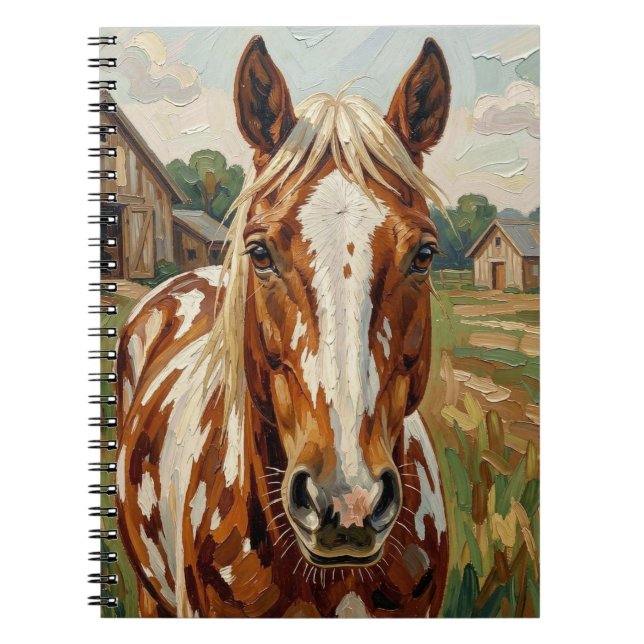 Cuaderno Caballo marrón y blanco bonito en una granja rústi (Frente)
