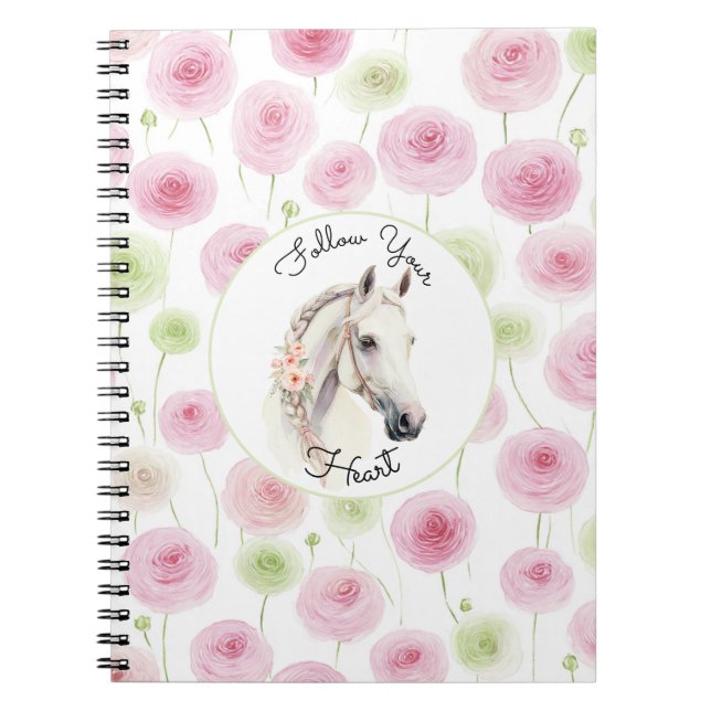 Cuaderno Caballo Ranunculus Rosa Bonito Menta (Frente)