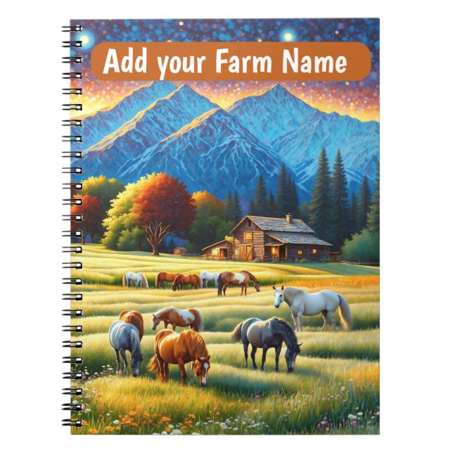 Cuaderno Caballos en pradera de flores silvestres de granja (Frente)