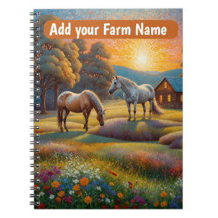 Cuaderno Caballos en pradera de flores silvestres de granja