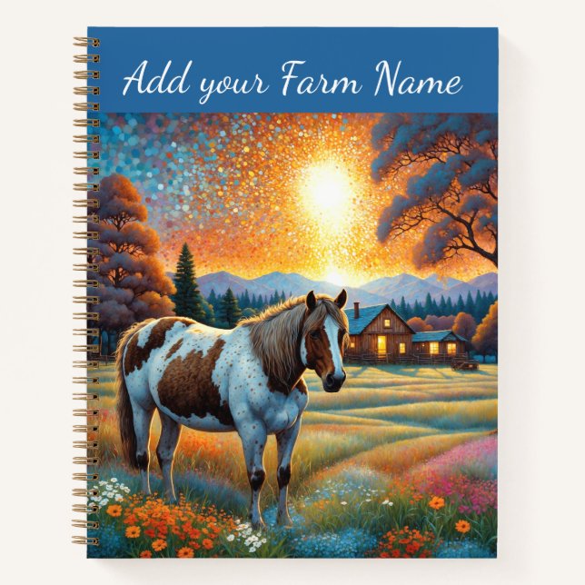 Cuaderno Caballos en pradera de flores silvestres de granja (Anverso)