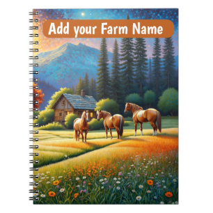 Cuaderno Caballos en pradera de flores silvestres de granja