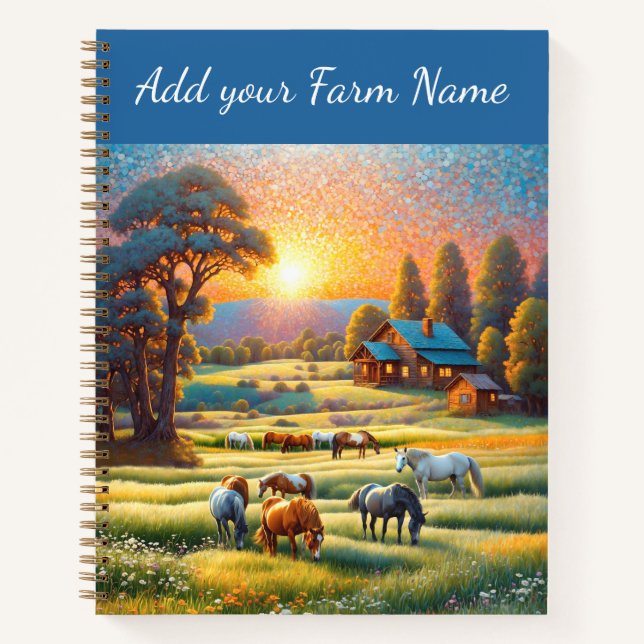 Cuaderno Caballos en pradera de flores silvestres de granja (Anverso)