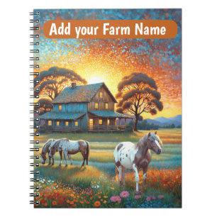 Cuaderno Caballos en pradera de flores silvestres de granja