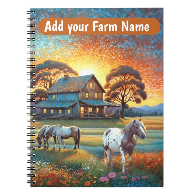 Cuaderno Caballos en pradera de flores silvestres de granja (Frente)