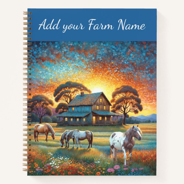 Cuaderno Caballos en pradera de flores silvestres de granja (Anverso)