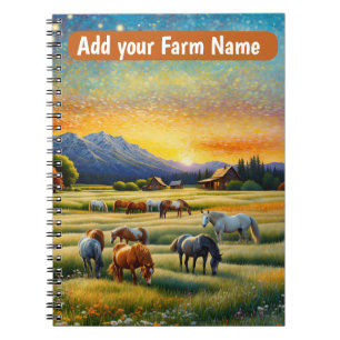 Cuaderno Caballos en pradera de flores silvestres de granja
