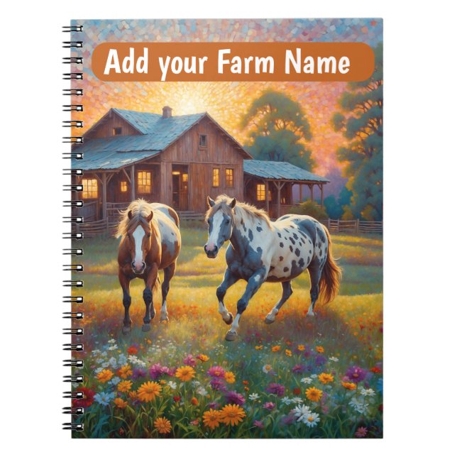 Cuaderno Caballos en pradera de flores silvestres de granja (Frente)