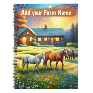 Cuaderno Caballos en pradera de flores silvestres de granja