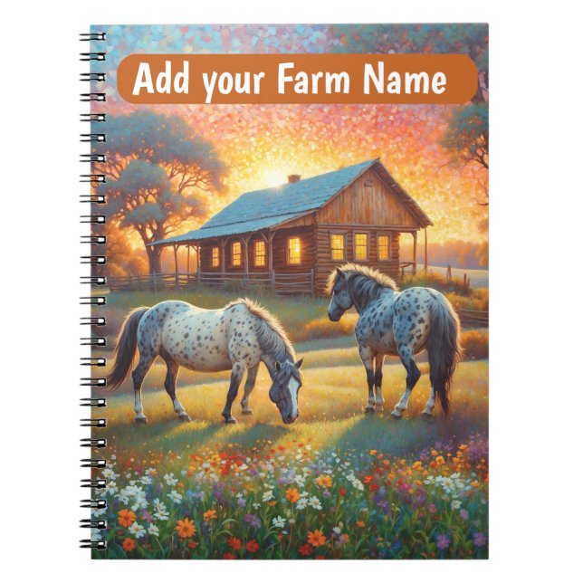 Cuaderno Caballos en pradera de flores silvestres de granja (Frente)