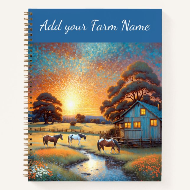 Cuaderno Caballos en pradera de flores silvestres de granja (Anverso)