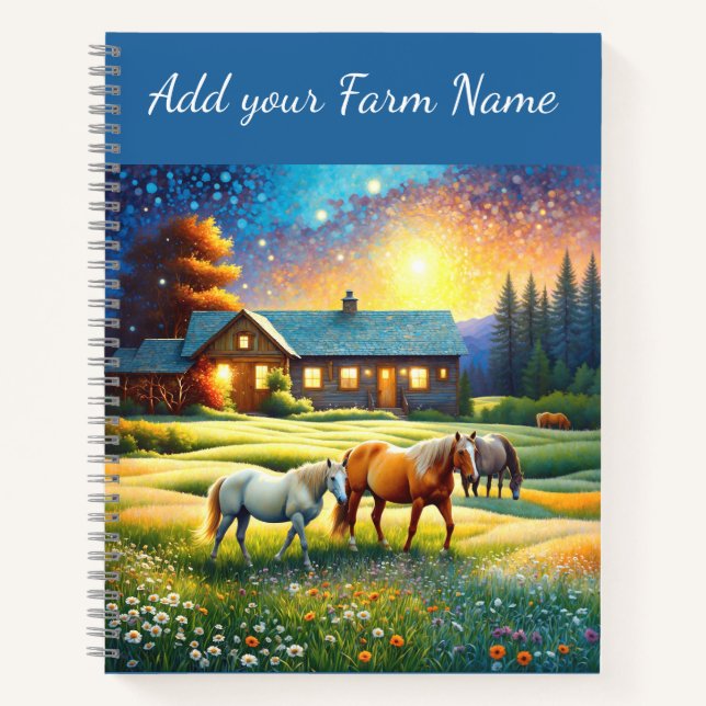 Cuaderno Caballos en prado de flores silvestres de granja (Anverso)
