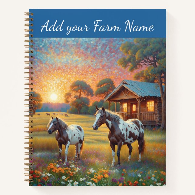 Cuaderno Caballos en prado de flores silvestres de granja (Anverso)