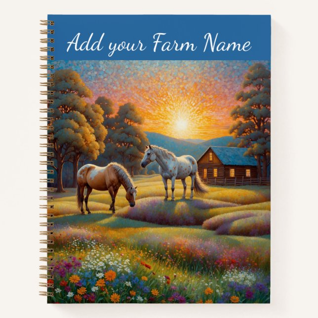 Cuaderno Caballos en prado de flores silvestres de granja (Anverso)