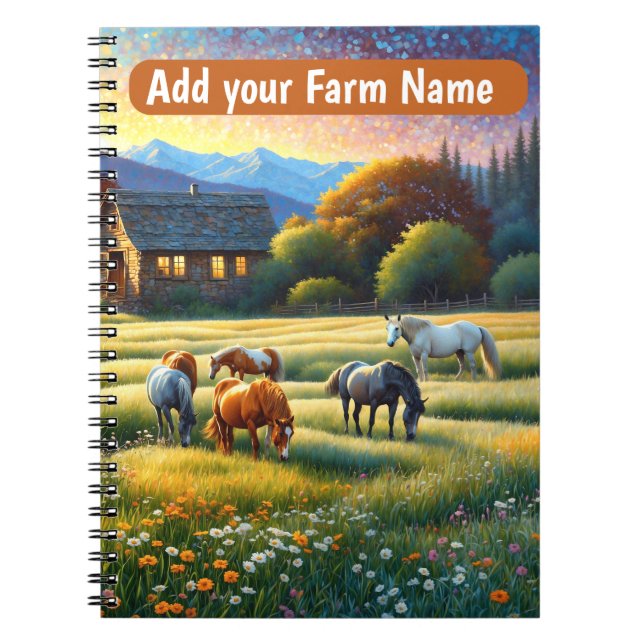 Cuaderno Caballos en prado de flores silvestres de granja (Frente)