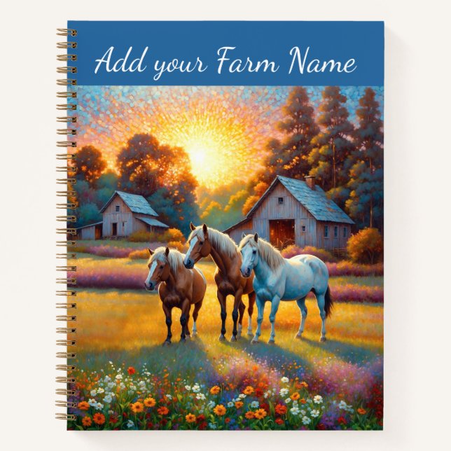 Cuaderno Caballos en prado de flores silvestres de granja (Anverso)