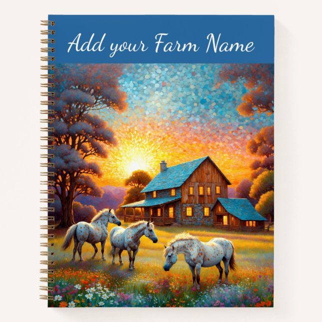 Cuaderno Caballos en prado de flores silvestres de granja (Anverso)