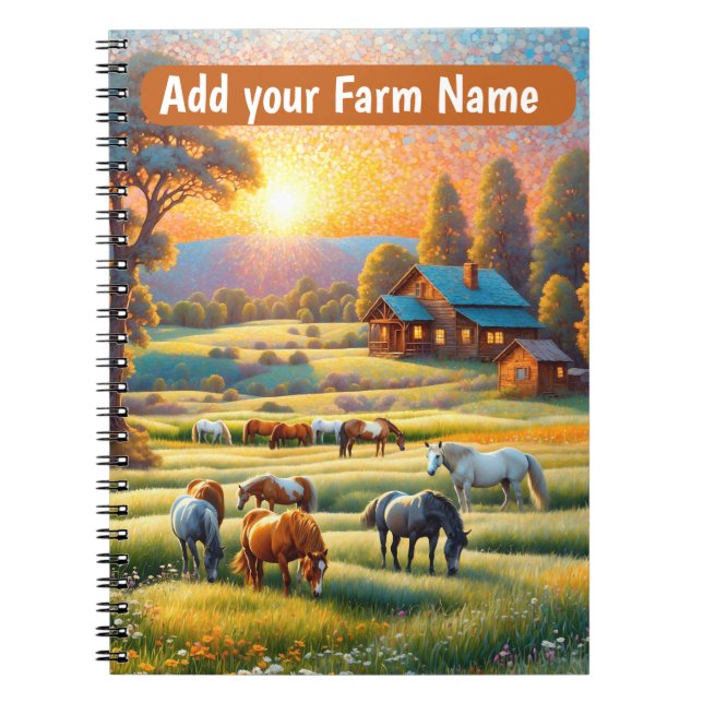 Cuaderno Caballos en prado de flores silvestres de granja (Frente)