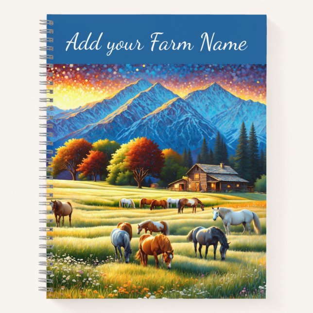 Cuaderno Caballos en prado de flores silvestres de granja (Anverso)