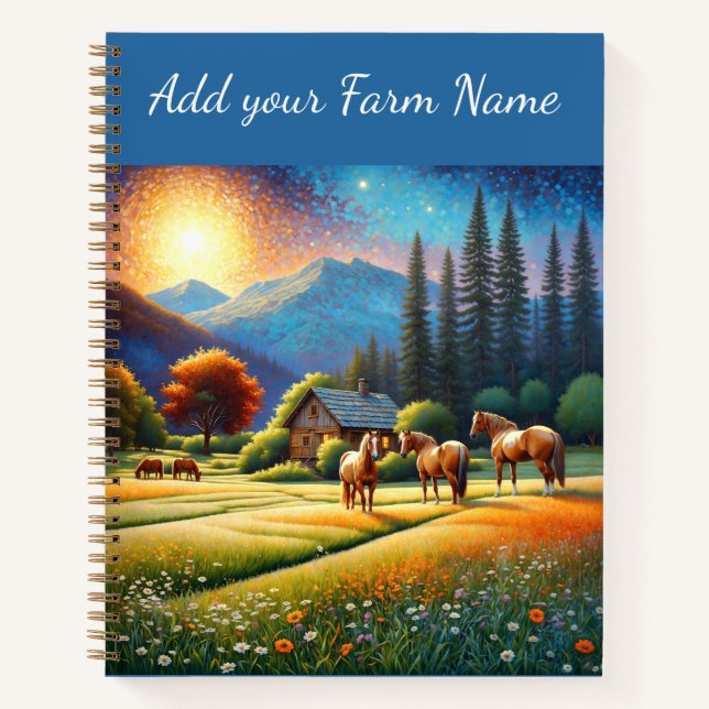 Cuaderno Caballos en prado de flores silvestres de granja (Anverso)