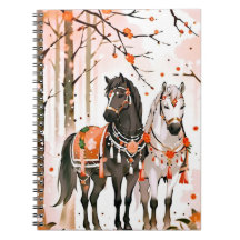 Caballos en un bosque rojo