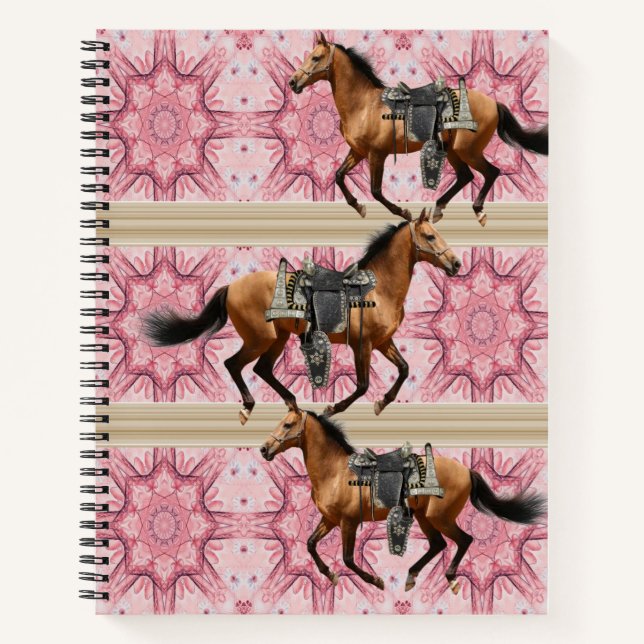 Cuaderno Caballos portátiles espirales con flores rosadas (Anverso)