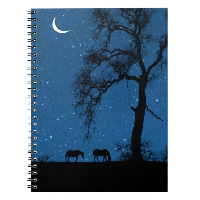 Cuaderno Caballos y noche estrellada con luna creciente (Frente)
