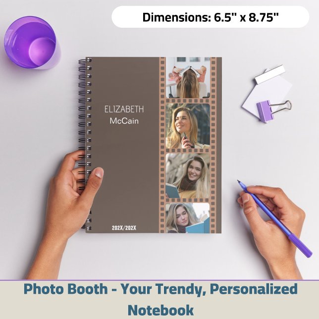 Cuaderno Cabina de Fotos Marrón - Personalizada Moderna y c (Brown Photo Booth - Trendy Modern Personalized Science Spiral Notebook!)