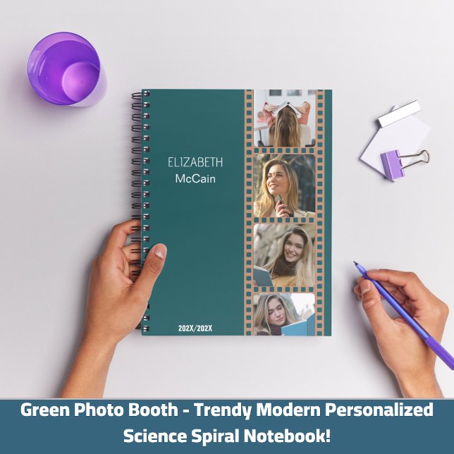 Cuaderno Cabina de Fotos Verde - Personalizada Moderna y co (Green Photo Booth - Trendy Modern Personalized Science Spiral Notebook!)