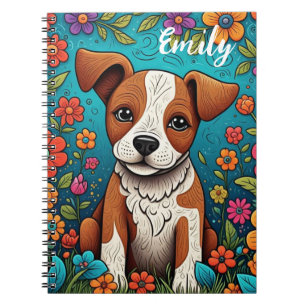 Cuaderno Cachorro con flores de arte folclórico caprichosas