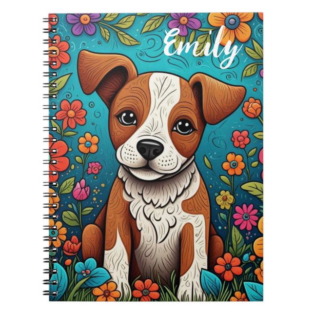 Cuaderno Cachorro con flores de arte folclórico caprichosas (Frente)