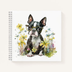 Cuaderno Cachorro de Boston Terrier con gafas en flores sil