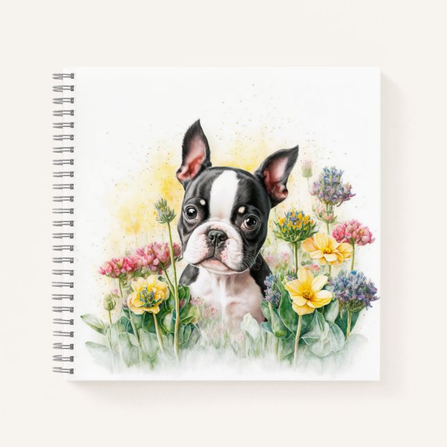 Cuaderno Cachorro de Boston Terrier rodeado de flores silve (Anverso)