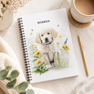 Cuaderno Cachorro de Golden Retriever Monograma Floral Nomb