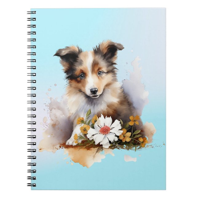 Cuaderno Cachorro de ovejero de Shetland Acuarela Flor (Frente)