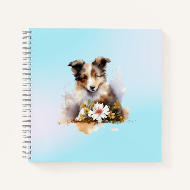 Cuaderno Cachorro de ovejero de Shetland Acuarela Flor (Anverso)